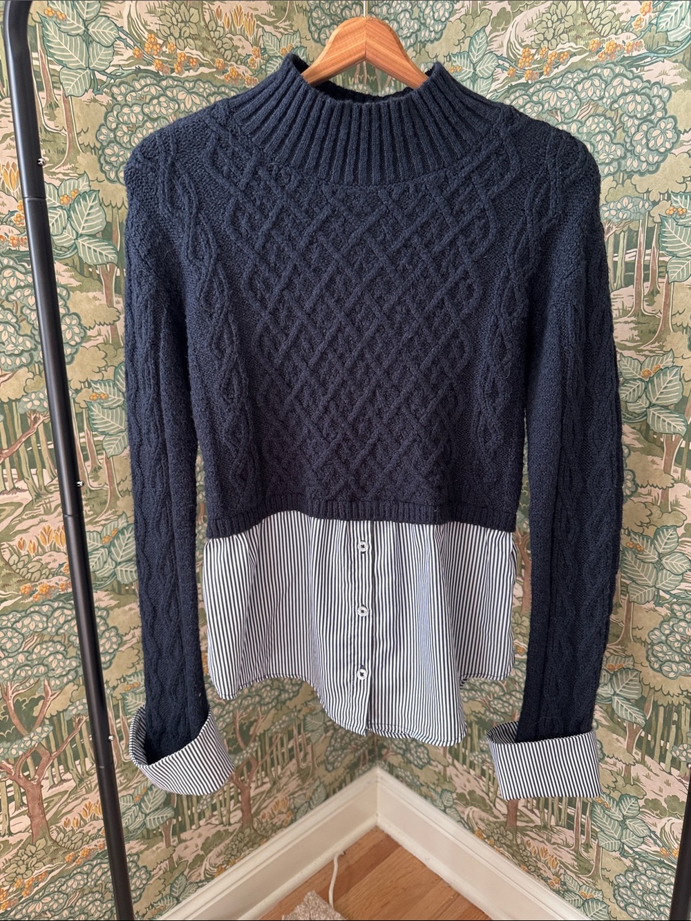 Maeve Navy Cable-Knit Mock Neck Sweater with Striped Shirt Hem